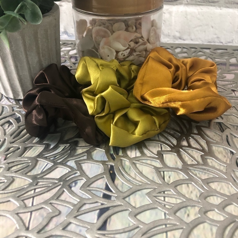 3 New Silk Scrunchies Olive, Brown, Gold Colors